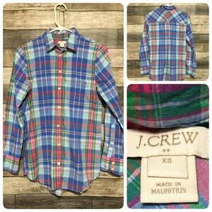 J Crew Madras Plaid Button Up Shirt Women’s XS Blue Pink Cotton Tunic